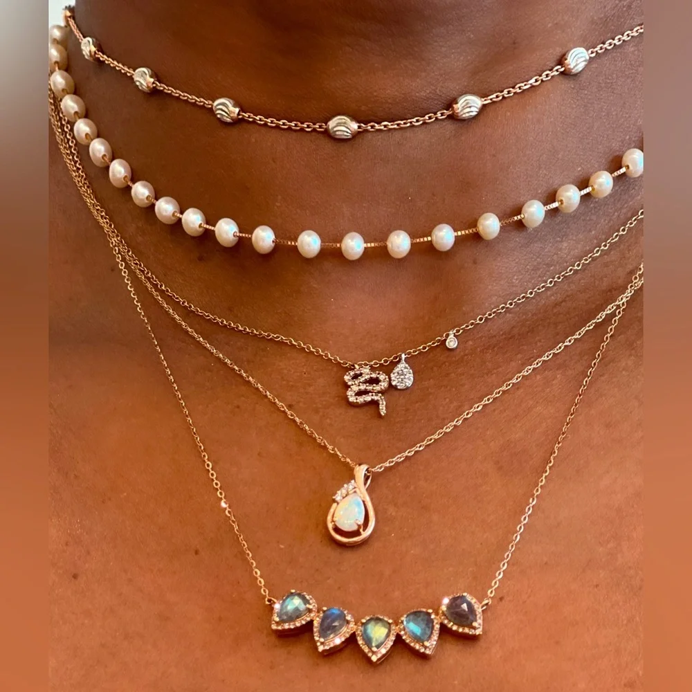 💖SOLD!💖 14K Pink Opal & Diamond Modernist Pendant Necklace in Solid Rose Gold - Picture 7 of 9